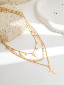 Set de 3 collares de mujer con colgante de cruz, estilo Ins, versátiles y de moda, con strass, flecos, cadena para la clavícula, multicapa y apilables - Dorado - Ver 3
