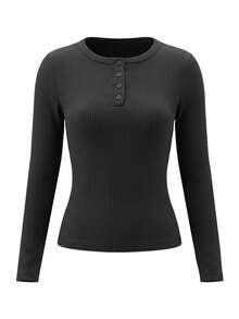 Women's Solid Color Fitted Versatile Daily Wear Long Sleeve Top - Dark Grey - View 9