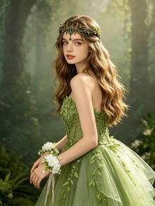 3pcs Forest Elf Branch Moon Headpiece Photography Flower Crown Headband Bride White Flower Wrist Corsage Set Cosplay Hair Accessory - Army Green - View 3