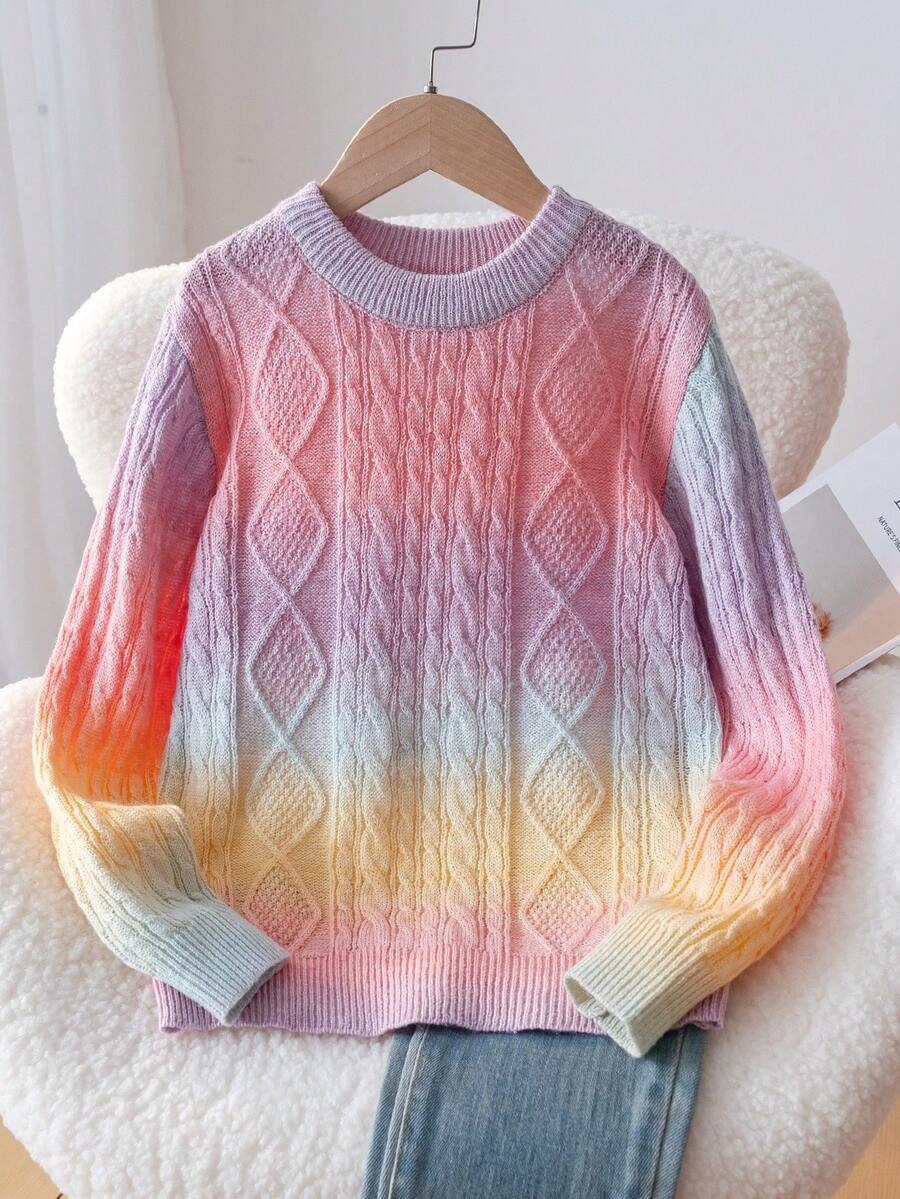 Girls' Cute Gradient Argyle Knit Pullover Sweater, Suitable For Vacation, Daily Wear, Spring, Autumn, Winter - Pink - View 1