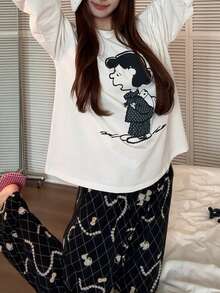 Gongdie 2pcs Snoopy Women's Pajama Set, Spring/Autumn White & Black Soft Cotton Loungewear With Argyle Pattern And Pearl Print - Black and White - View 4