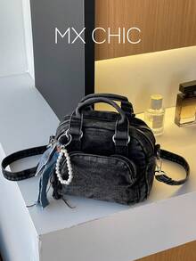 1件女款拼色拼接牛仔手提包，寬肩帶時尚馬鞍包，適合通勤、購物、送禮 - 黑色 - 查看 1