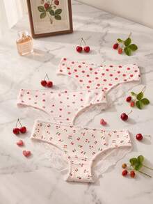 Aesletic 3Pcs Women Cherry & Heart Print Briefs, Lace Trim Bow Decor Soft Daily Underwear Multipack - Multicolor - View 3