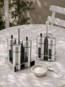 3/4Pcs Stainless Steel Kitchen Condiment Container Set, Oil Dispenser And Seasoning Jars With Holder For Home, Restaurant And Dining Table - Silver - View 1
