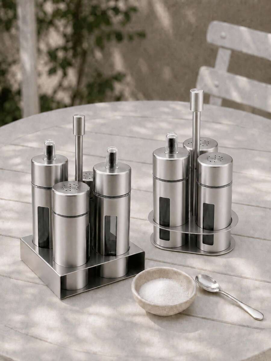 3/4Pcs Stainless Steel Kitchen Condiment Container Set, Oil Dispenser And Seasoning Jars With Holder For Home, Restaurant And Dining Table - Silver - View 1