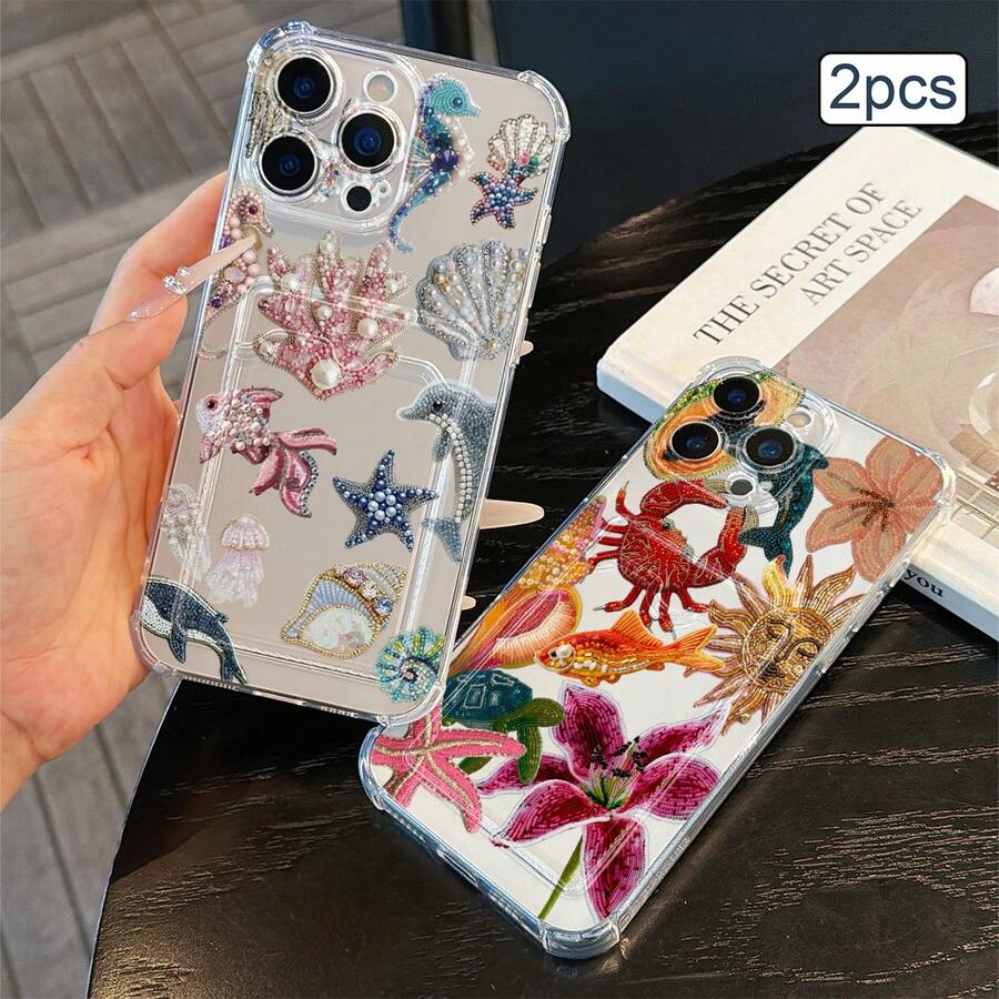 2pcs Ocean Print Card Holder Phone Case TPU Shockproof Full Coverage Precise Protection Cover Compatible With Apple 11/12/13/14/15/16/17 Pro Max - Clear - View 1