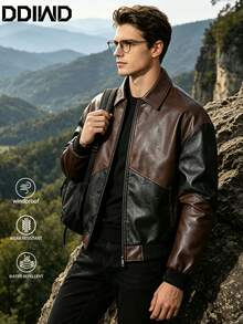 Men's Spring/Autumn Patchwork Motorcycle Leather Jacket, Vintage Lapel Outdoor Camping Cliffside Photo-Ready Versatile Jacket - Brown - View 4