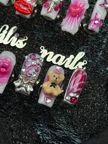 10pcs Handmade Fully Covered Square Nails Press On Nails,Hot Pink Tie Dye,Cute Y2K Sweet Girly Fake Nails,Reusable False Nails Set,Suitable For Party,Dance,Daily Wear, With Jelly Glue And Nail File,Lovely Kawaii Nail Art For Teen Girls Women - Hot Pink - View 7