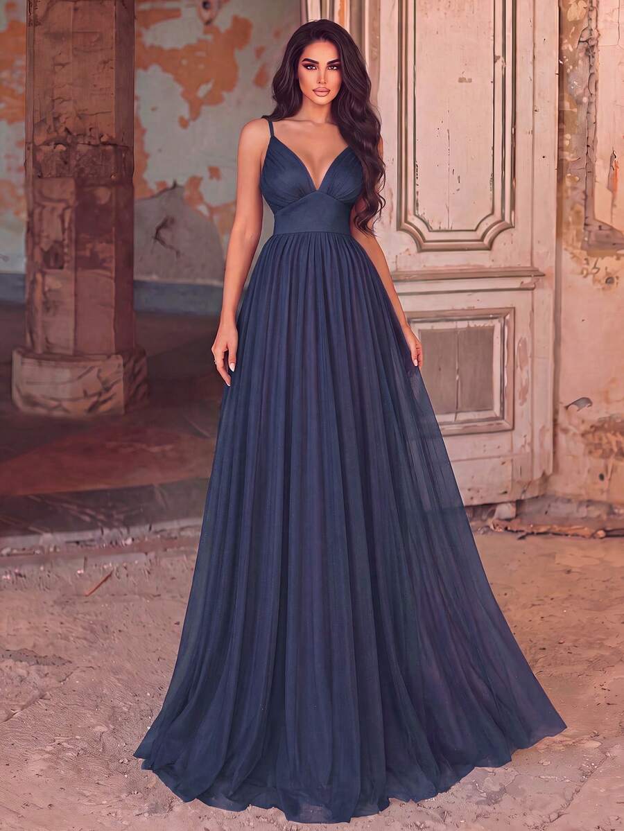 Faeriesty Elegant Sleeveless V-Neck Pleated Long Bridesmaid Dress, Suitable For Romantic Formal Occasions Wedding - Navy Blue - View 1