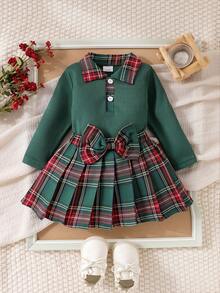 Baby Girl Christmas Preppy 2-Piece Set Ribbed Polo Collar Top + Red ...