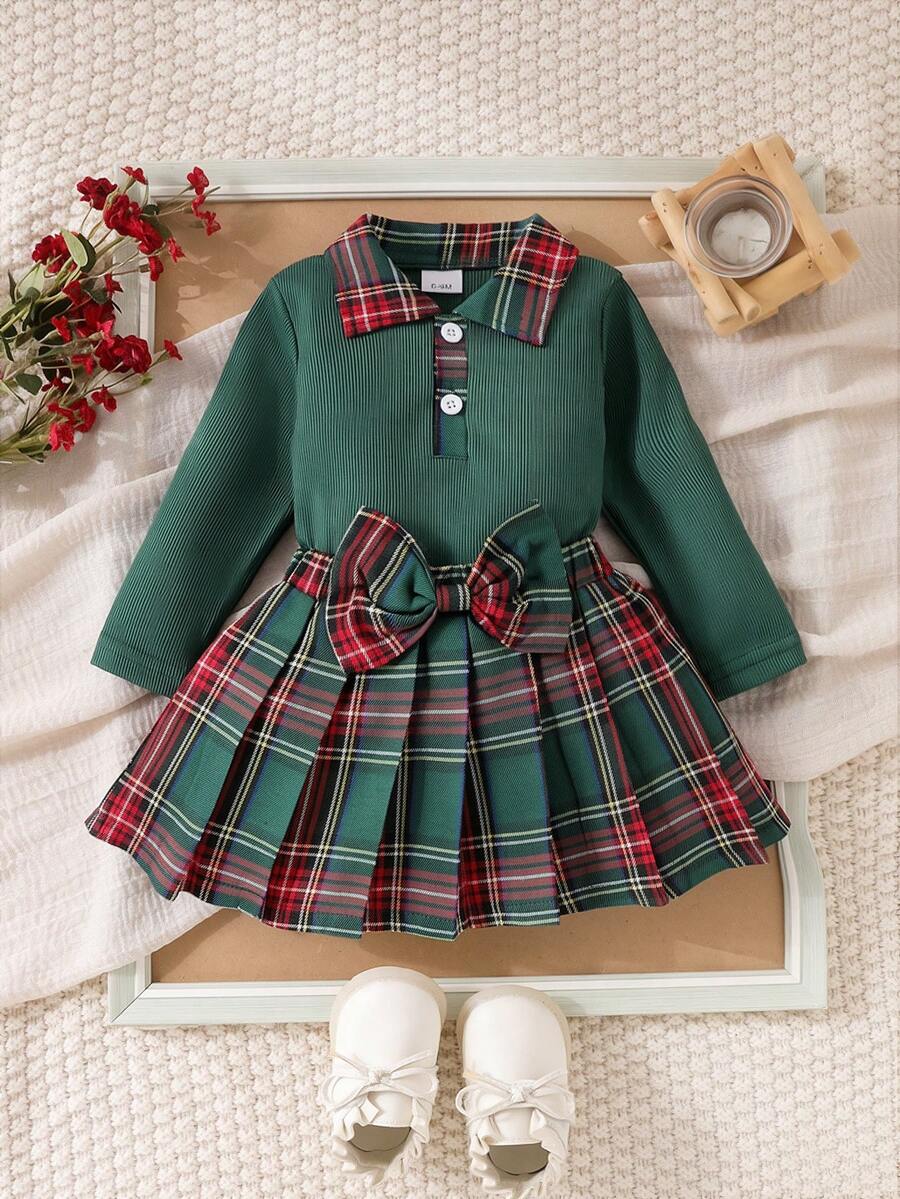 Baby Girl Christmas Preppy 2-Piece Set Ribbed Polo Collar Top + Red ...
