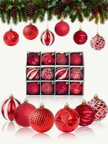 12pcs Christmas Ball Ornaments Set, Colorful Shatterproof Plastic Decorative Balls With Hanging Rope, For Christmas Tree Decoration, Holiday Party, Wedding Decor, Red - Red - View 8