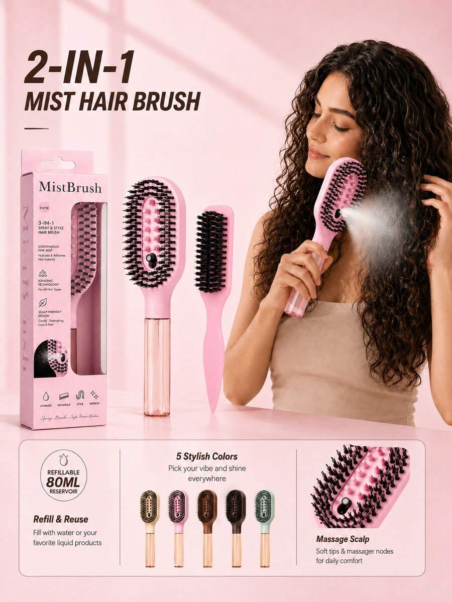 Spray Hair Brush Set With Detail Styling Tools, Curved Paddle Hair Comb With Press Spray Button, Flexible Bristles And Rounded Tip Design, Suitable For Curly, Wavy, Thick, Wet Or Dry Hair, For Women's Daily Styling And Travel Use - Multicolor - View 1