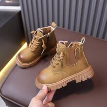 British Style Children's Yellow Boots With Side Zipper, No-Tie Retro Distressed Thick Sole Ankle Boots - Khaki - View 2