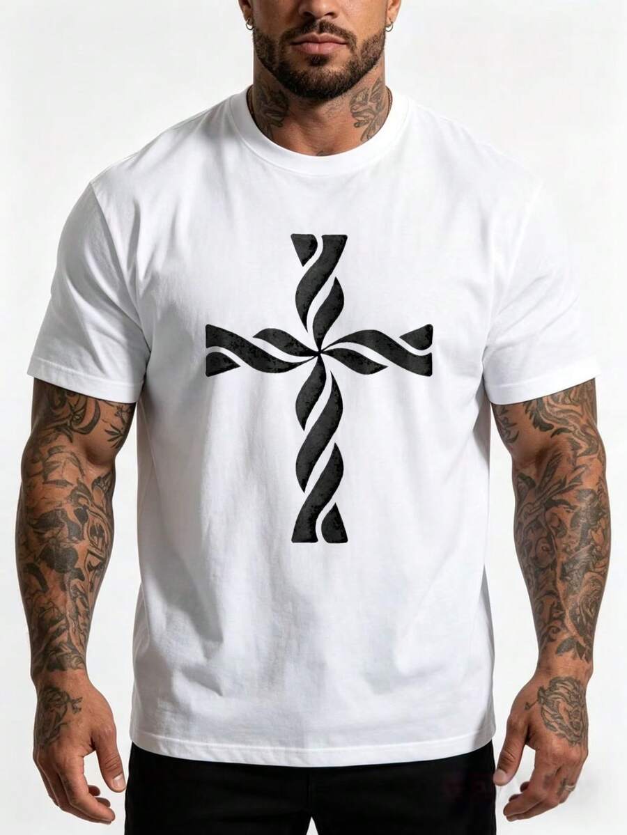 Men's Casual Style T-Shirt, Cross Pattern Design, Suitable For Summer, A Gift For A Loyal Friend. - 白色 - 查看 1