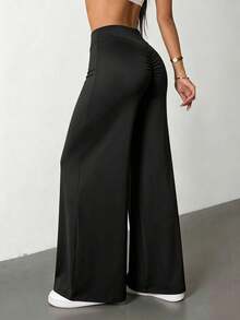 Elastic High-Waist Tummy Control Wide Leg Pants, Comfortable And Pressure-Free, Back V-Shape + Center Pleats For Butt Lifting And Shaping, Pleated Design For Peach Butt, Suitable For Yoga, Fitness, Commute, Casual And Multiple Occasions, All-Season Straight Leg Pants, Perfect Match With Various Tops - Fashionable And Versatile - Black - View 1