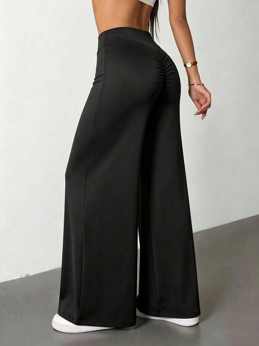 Elastic High-Waist Tummy Control Wide Leg Pants, Comfortable And Pressure-Free, Back V-Shape + Center Pleats For Butt Lifting And Shaping, Pleated Design For Peach Butt, Suitable For Yoga, Fitness, Commute, Casual And Multiple Occasions, All-Season Straight Leg Pants, Perfect Match With Various Tops - Fashionable And Versatile - Black - View 1