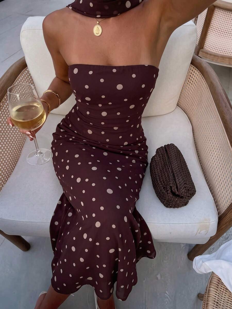 Women's Brown Polka Dot Print Sleeveless Dress With Neck Bow, Sweet And Elegant Summer Vacation