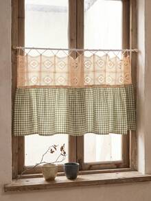 1/2pcs Green & White Plaid Patchwork Beige Hollow Woven Half Curtain, Fresh Country Style, Rectangular Top Hollow Lace & Bottom Scalloped Edge Detail, Shading & Decorative Function, Suitable For Kitchen Windows & Fresh Home Decor - Green - View 2