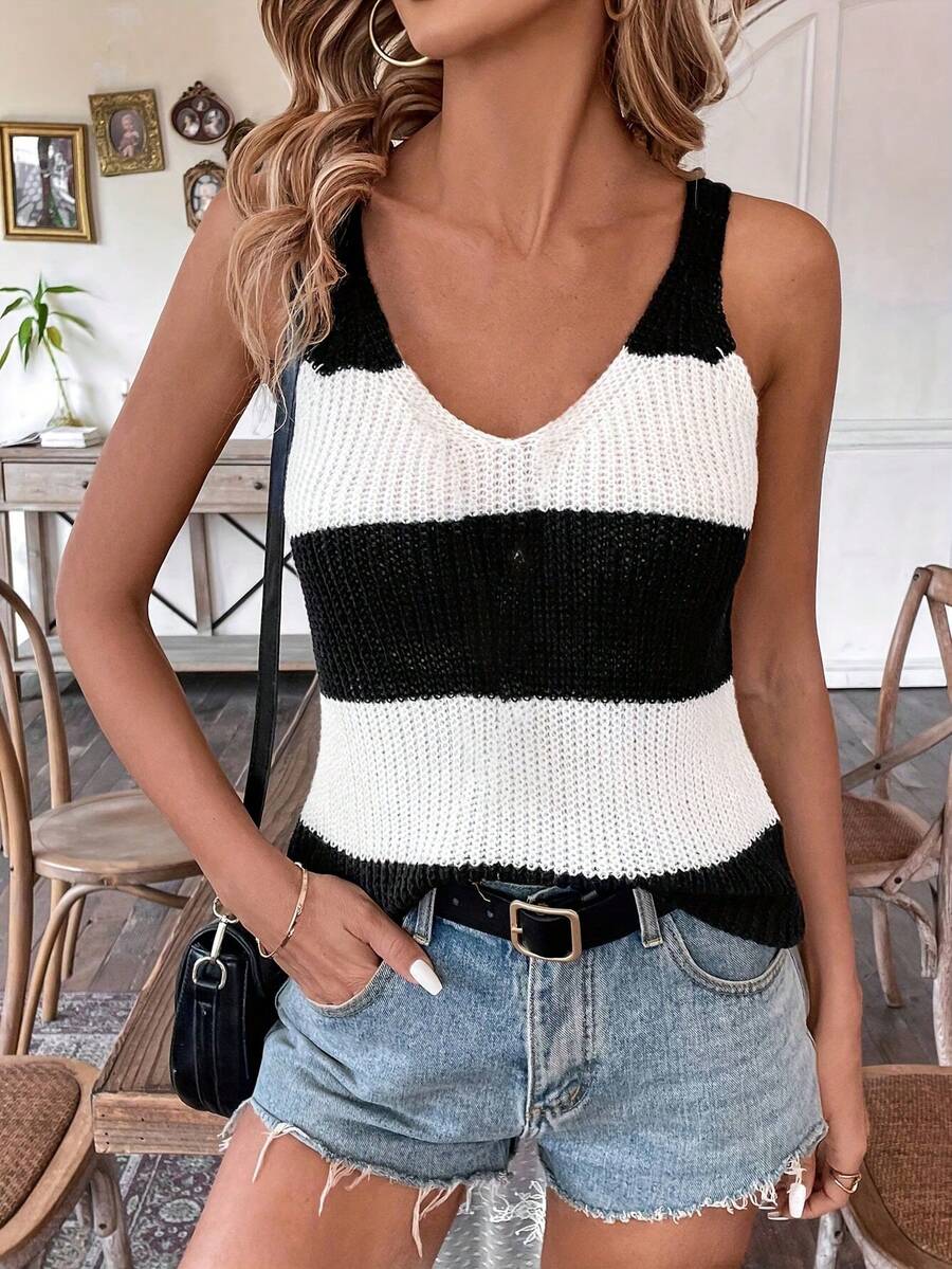Damen gestreifte Strickweste, elegantes lässiges Top für Alltag, Date, Reisen & Urlaub, Frühling Sommer Strand - Schwarz und Weiss - Übersicht 1