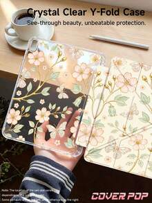 Beige Glass Flower Pattern Tablet Protective Case, Compatible With IPad 9.7/10.2/10.5/10.9/12.9/Pro 11 And 10th Generation Models, Featuring Drop Protection, Smart Stand And Auto Wake/Sleep Function; Y-Shaped Folding Design, Supports Multi-Angle Viewing, Suitable As A Back-To-School Gift. - Multicolor - View 2