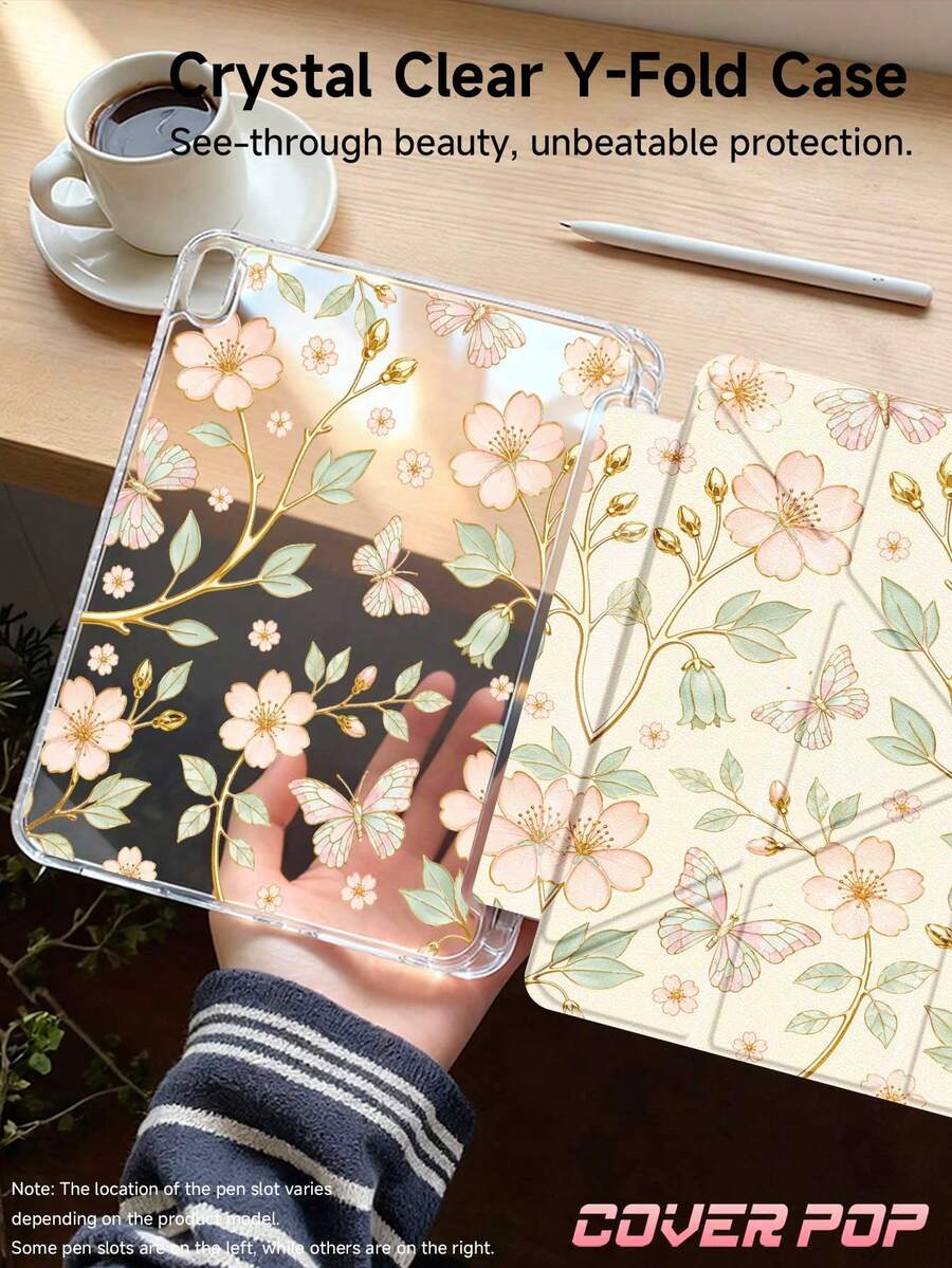 Beige Glass Flower Pattern Tablet Protective Case, Compatible With IPad 9.7/10.2/10.5/10.9/12.9/Pro 11 And 10th Generation Models, Featuring Drop Protection, Smart Stand And Auto Wake/Sleep Function; Y-Shaped Folding Design, Supports Multi-Angle Viewing, Suitable As A Back-To-School Gift.