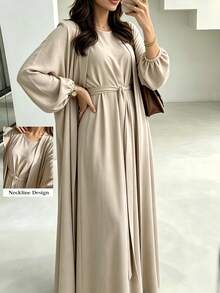 1 Set Soft Muslim 3-Piece Abaya Dress Inner Layer + Cardigan + Belt Classic Versatile Style - Multicolor - View 7