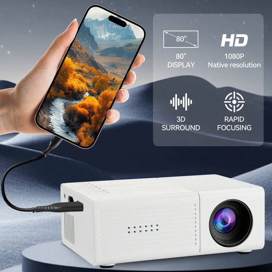 Mini Projector Portable With Full HD 1080P Support & Built-In Speakers Suitable For Smartphones, USB/Pen Drive Compatible, Compatible For /, Compact Mobile Cinema Projector For Theater, Outdoor Movies, Gift(Without Plug) - White - View 1