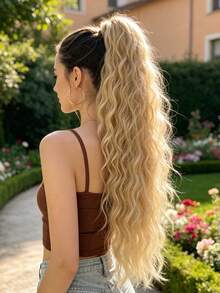 28-Inch Long Wavy Synthetic Ponytail Hair Extension, Gold Color, Claw Clip Design, Suitable For Girls And Women Daily Wear - Beige - View 4