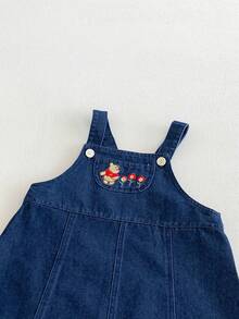 Miniweenns 1pc Baby Girl Denim Sweet Cute Style Adjustable Suspenders Embroidered Pocket Wavy Hem Dress - Blue - View 8