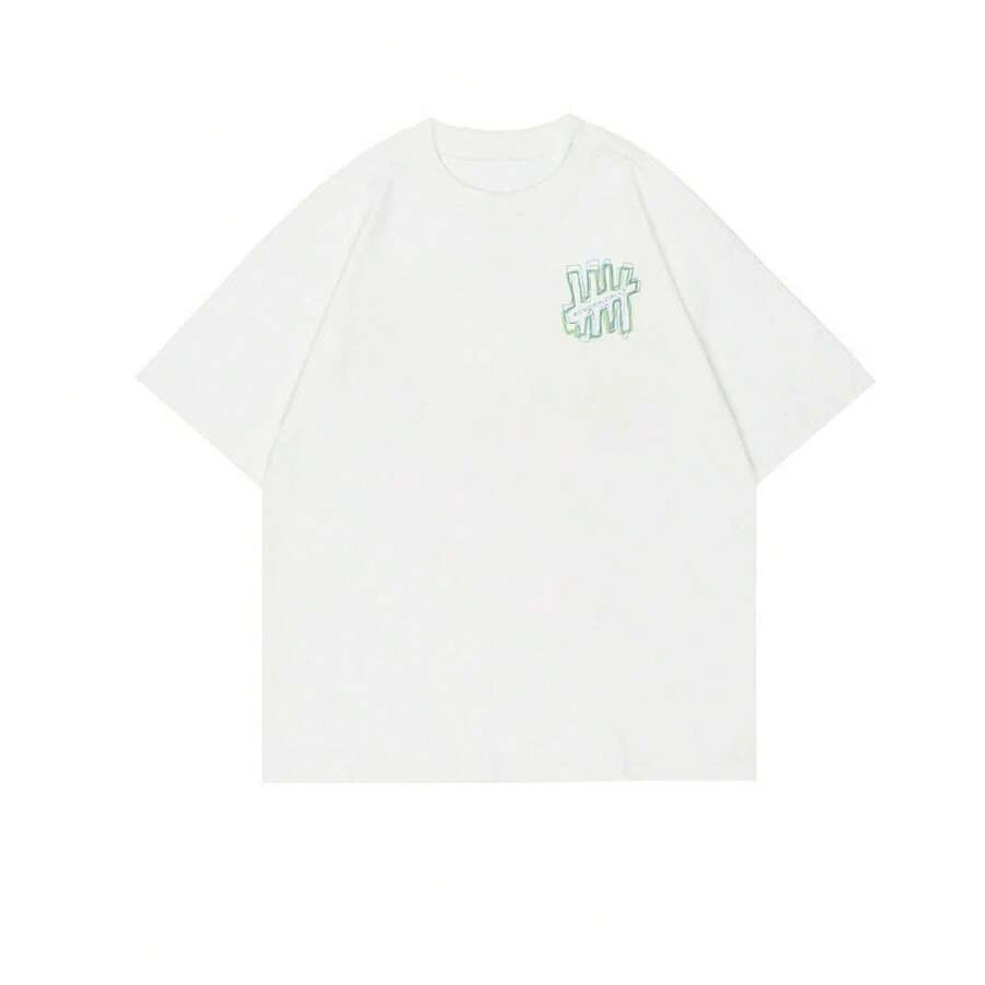 Unisex Off-White Loose-Fit Round Neck T Shirt,With Small Damaged Pattern Print,There Are Several Lines On The Left Chest,Minimalist Urban Style. - 白色 - 查看 1