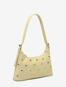 1pc Women's Vintage Autumn/Winter New Suede Blue Rivet Shoulder Adjustable Strap Baguette Bag Suitable For Outing, Dating, Commuting, Shopping - Yellow - View 2