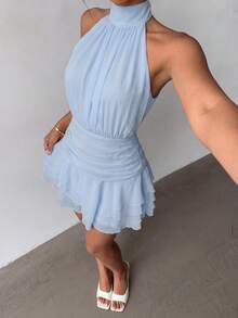 Elegant Halter Neck Backless Mini Dress With Layered Ruffle Hem, Suitable For Summer Parties, Beach Vacations, Daily Outings, Holidays And Graduation Ceremonies - Baby Blue - View 4