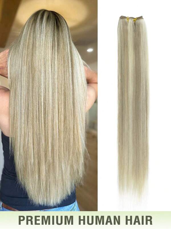 Sewn-In Hair Extensions, Human Hair, Remy Hair Bundles, 18/613 Ash Blonde Ombre Bleached Straight Hair, Handmade Woven, Sewn-In Extensions, Halloween Costume