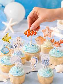 15/30pcs Ocean Animal Cake Toppers, Ocean Creature Theme Cupcake Decorations, Underwater Party Supplies, Ocean Style Dessert Picks - View 3