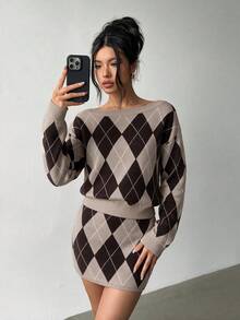 Sookaug Premium Vintage Brown Argyle Knit Set, Set 2 Potong Gaun Rajut Lengan Panjang Longgar Musim Gugur Terbaru, Set 2 Potong Sweater Rajut Argyle dan Rok Mini Musim Gugur Wanita, Set Kasual Lengan Panjang Pas Ramping, Sedikit Elastis, Cocok untuk Pemakaian Sehari-hari - MultiWarna - View 6