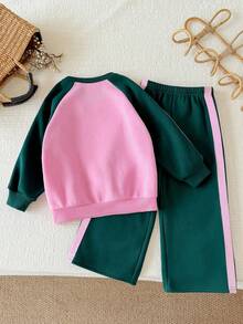 Young Girl Heart Pattern Print Color Block Crew Neck Long Sleeve Top And Pants - Dark Green - View 3