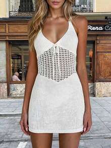 2026 New Women's Backless Hollow Out Crochet Halter Tie Knit Mini Dress, Sexy Sheer Beach Cover Up Dress, Summer Vacation & Holiday Party Beachwear - 白色 - 查看 6