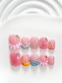 10片島嶼度假風手工穿戴甲，Polygel美甲套組，貝殼與海星圖案，藍色與粉色指甲油，甜酷風格，附美甲工具，3種尺寸可選：方形、短方形、杏仁形，適合派對、跳舞、日常配戴 - 彩色 - 查看 18