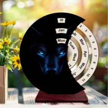 Wolf Husky Print Rotating Wooden Perpetual Desk Calendar, Crescent Shaped Forever Calendar With Dark Red Wood Base, Adjustable Month Date Week Animal Pattern Desktop Decor Ornament, Back To School Home Office Table Gift - A - View 6