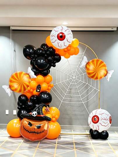 95 Buah Balon Lengkung Kepala Bertema Halloween, Termasuk Kepala Bertopi, Balon Oranye Kuning Permen, Balon Mata Merah 4D, Balon Lateks Hitam, Balon Oranye, Cocok Untuk Pesta Halloween, Pesta Gelap, Acara Trick or Treat, Dekorasi Foto Dalam/Luar Ruangan