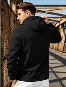 Men's Plus Size Spring/Autumn Outdoor Casual Hooded Jacket, Suitable For Camping, Leisure And Other Activity Scenes - Black - View 2