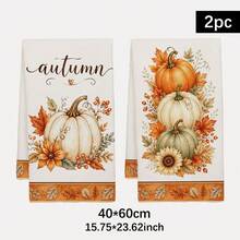 2PCS Kitchen Towel, Autumn Fallen Leaves And Pumpkin Pattern Printed, 40*60cm Rectangular Microfiber Kitchen Towel, Dish Cloth, Tablecloth, Hand Towel, Kitchen Decor, Home Decor, Housewarming Gift For Neighbors, Kitchen Napkin And Dish Cloth, Home Decor, Gift - Burnt Orange - View 3