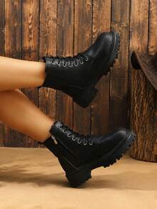 Women Fashion Boots, Lace Up Mid Calf Platform Shoes - Beige - View 4