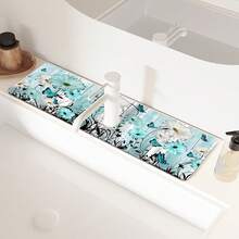 1pc Vintage Wooden Board Blue Floral Pattern, Anti-Slip Faucet Drain Mat, Bathroom Faucet Splash Guard, Mud Guard, Moisture-Proof Anti-Slip Faucet Mat, Kitchen Countertop Accessory. Protect Your Kitchen Countertop. - Multicolor - View 2