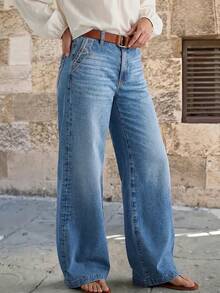 Celana Jeans Denim Biru Vintage Washed Model Lurus dengan Bordir untuk Wanita, Minimalis, Modis - Medium Wash - View 3