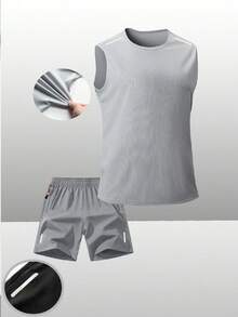 Men's Summer Casual Homewear Set, Light Gray Solid Reflective Stripe Round Neck Sleeveless Tank Top And Zipper Pocket Shorts 2-Piece Fitness Leisure Sports Suit - Multicolor - View 5