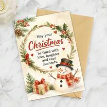 1 Greeting Card + 1 Envelope Lovely Christmas Greeting Card, Snowman With Gift Box "May Your Christmas Be Filled With Love" For Friends, Winter Festive Watercolor Style. - Single Piece - View 9