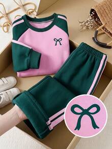 Tween Girls Cartoon Bow Print Crew Neck Sweatshirt And Sweatpants - Pink - View 4
