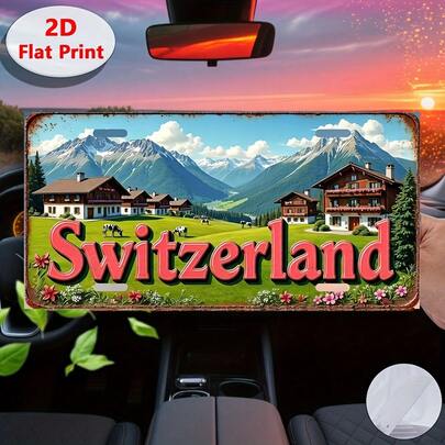 Dekorasi Dinding Logam 2D Datar Bertema Chalet Swiss Vintage dan Pemandangan Swiss - Plakat Logam Aluminium Vintage 12,0" x 5,9", Warna Bendera Swiss - Suvenir Perjalanan, Cocok untuk Rumah, Kafe, Garasi, Dekorasi Mobil, Dekorasi Rumah